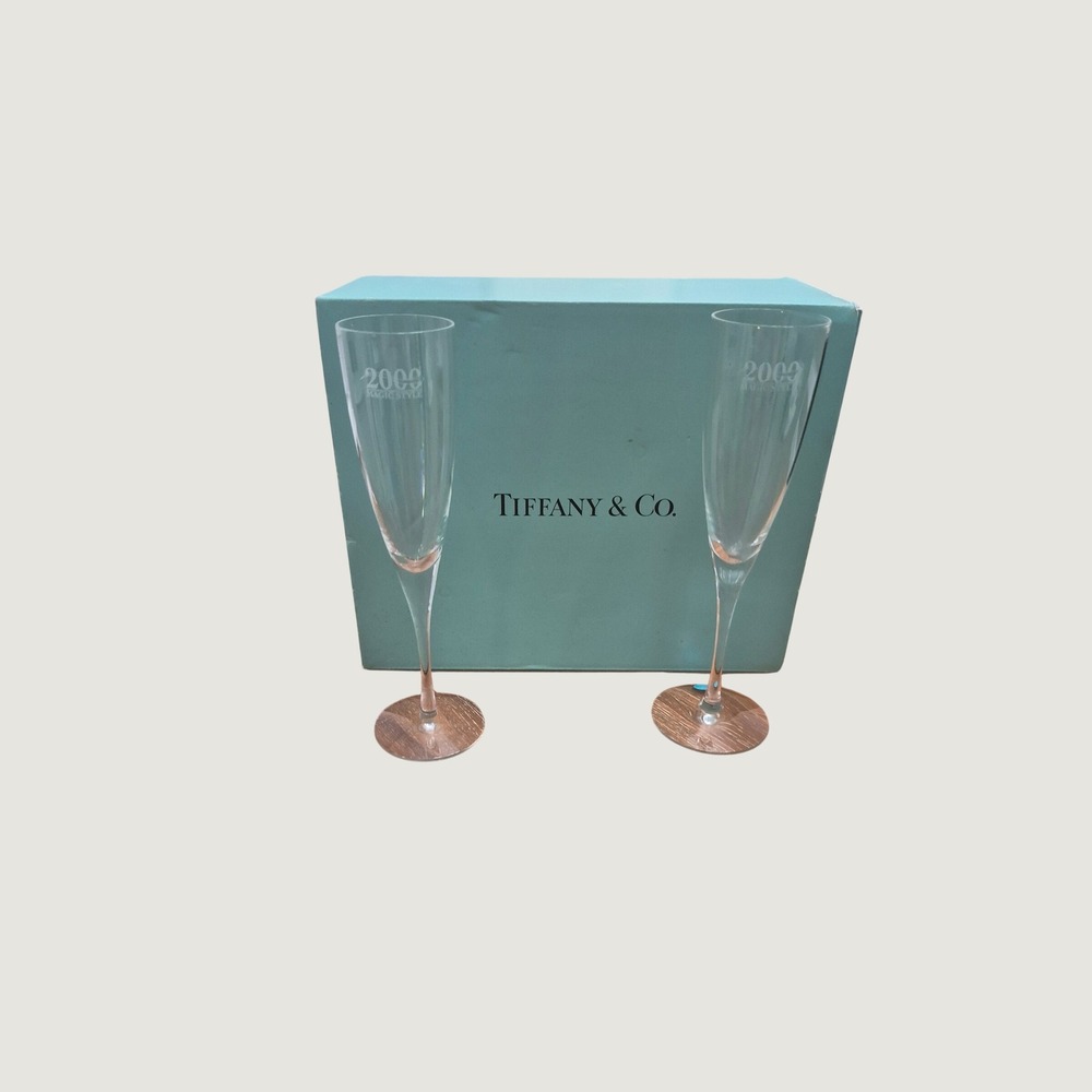Tiffany & Co Champagne Flutes Set of 2 Clear 2000 Magic Style Etched Crystal Box